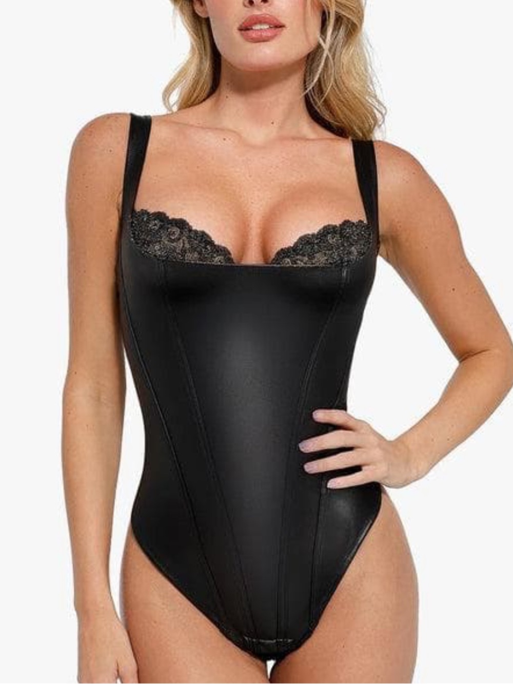 Popilush Shapewear Faux Leather Lace Balconette Sculpting Bodysuit